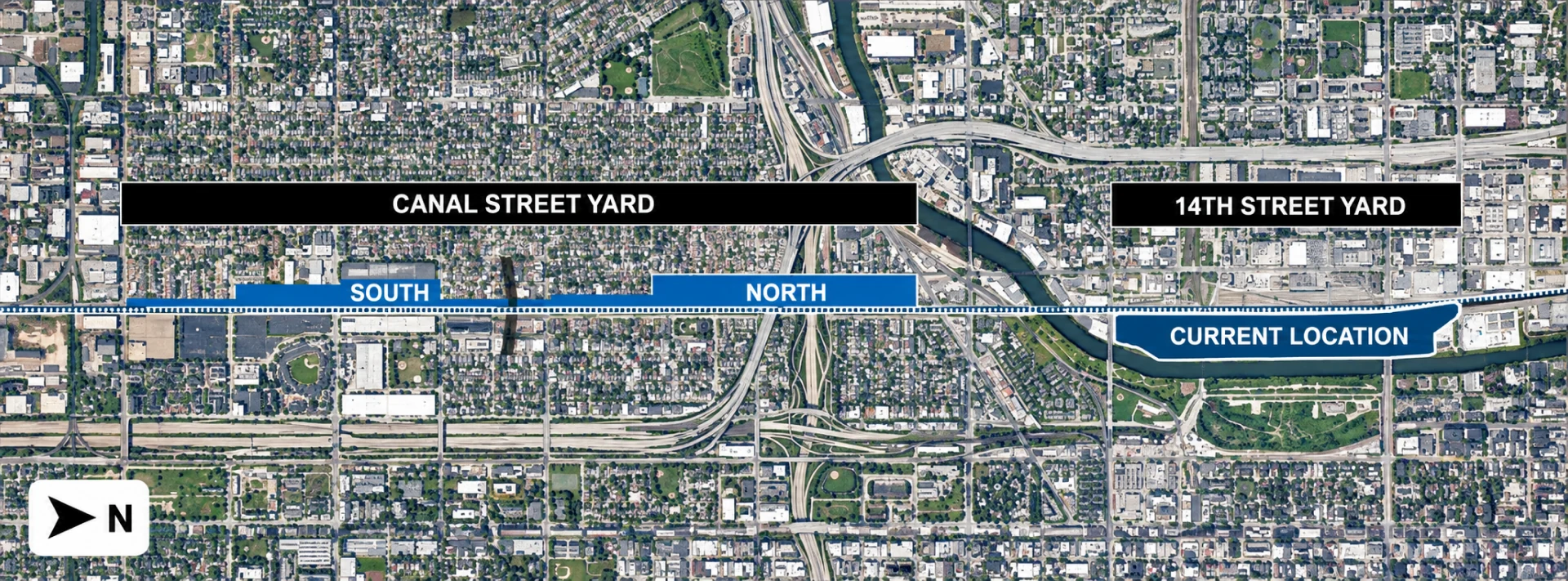 Aerial map of the Canal Street Yard and 14th Street Yard showing the current location, north and south segments of the maintenance facility site